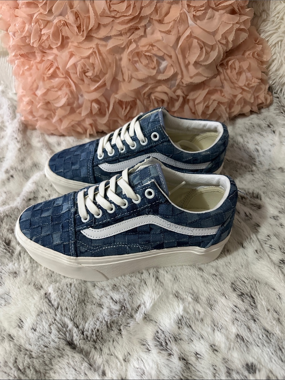 VANS Blue/White Denim Low Top Lace-Up Sneakers , New Never Worn  , 1.5”platform